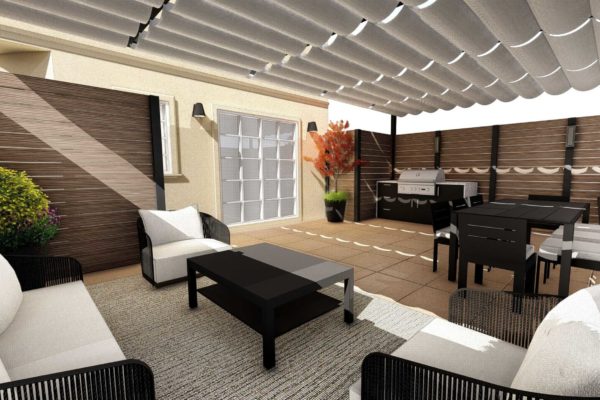 Lounging area, retractible pergola, dining area, day shot