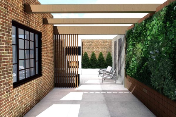 Backyard entrance, privacy wall with custom planters