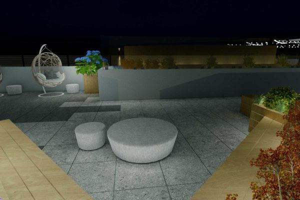 Custom bench planters, coffee tables, egg shaped lounge chairs, night shot