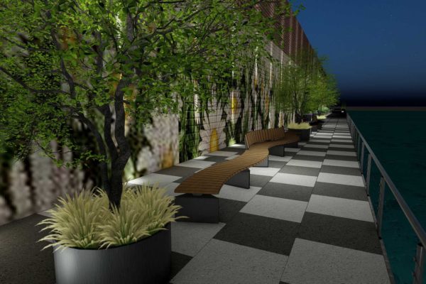 Custom checkerboard pavers, custom benches, with trees, night shot