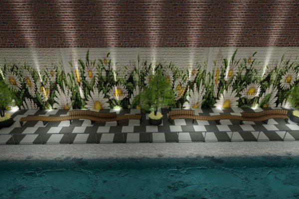 Checkerboard custom pavers, floral wall art, custom connected benches