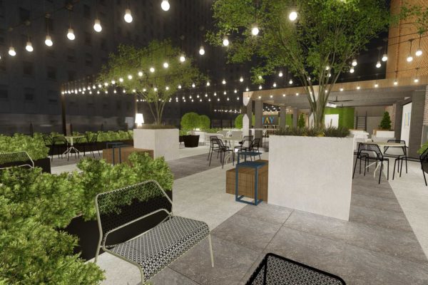 Wall garden planters, lounge chairs, and hanging lights