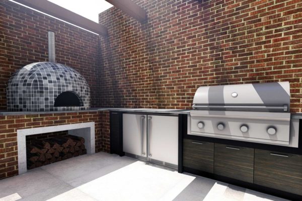 Outdoor kitchen, BBQ grill, and pizza oven
