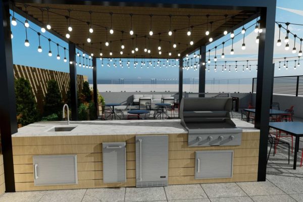 Outdoor kitchen, with BBQ grill, under pergola, day shot