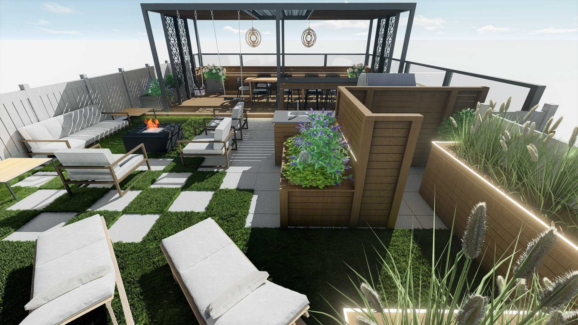 Custom planters, dining area in the background