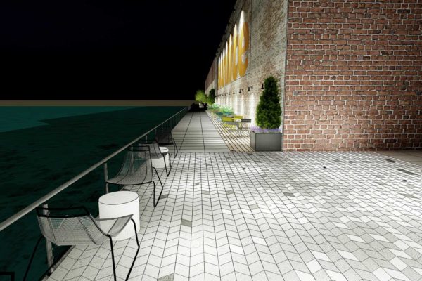 Side wall, custom tiles, table and chairs, night shot