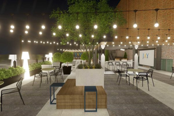 Courtyard seating area, with hanging lights, night shot