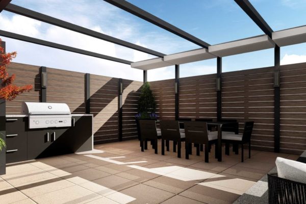Retractible pergola, open roof, custom pavers, and outdoor BBQ grill