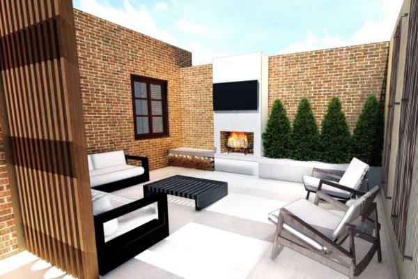 Lounging area, wall mounted fireplace and TV