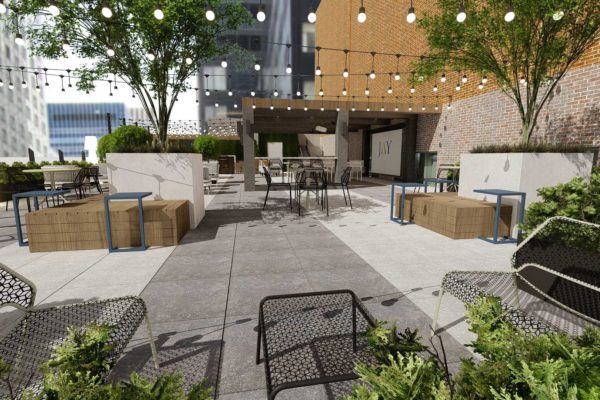 Courtyard seating area, custom planters, day shot
