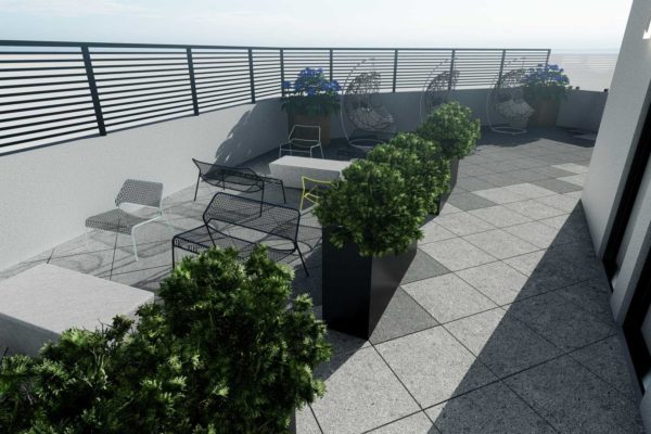 Rooftop side view, table and chairs, custom planters, day shot