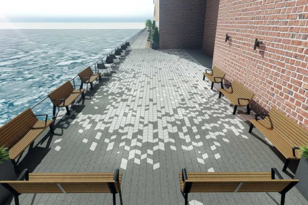 Custom tiles, benches facing the ocean, day shot