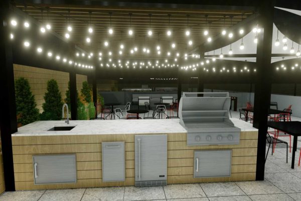 Pergola, outdoor kitchen with BBQ grill, night shot