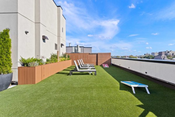 Sun beds, artificial turf grass, with custom wooden planters