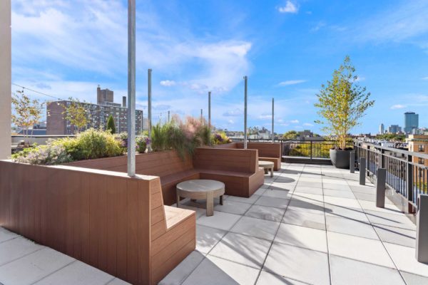 Rooftop with custom bench planters, and pavers
